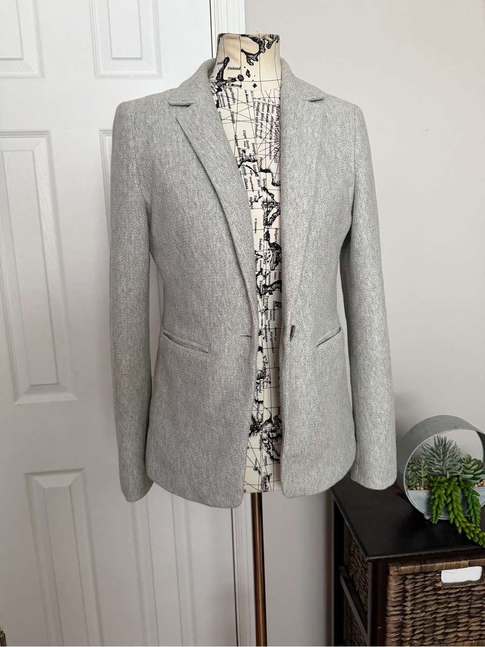 Loft Cotton Patch elbow 1-button Tailored Gray Blazer Jacket Sz 6 Herringbone